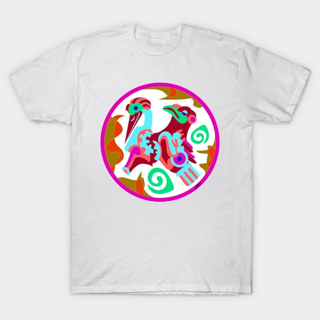 totonac birds in ancient mexican patterns ecopop floral glyph pictogram white T-Shirt by jorge_lebeau